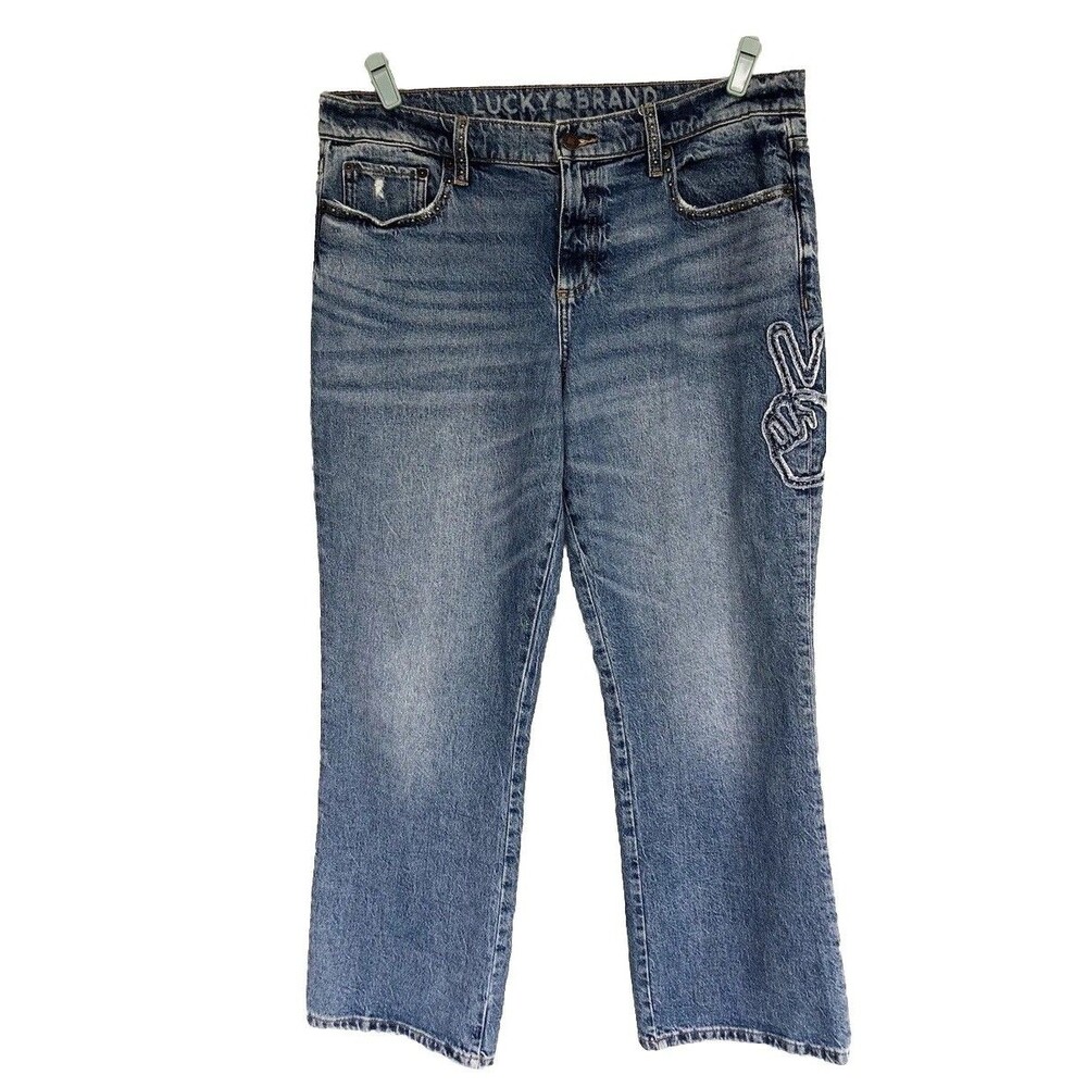 Lucky Brand Bootcut Jeans Womens 14/32 Easy Rider Patchwork Peace Sign Western